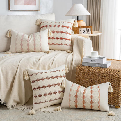 Set of 2 Boho Coral Lumbar Decorative Throw Pillow Cover 12X20 Inch for Couch Bed Sofa Chair, Modern Organic Farmhouse Home Decor, Cotton Cute Accent Rectangle Cushion Case with Tassels