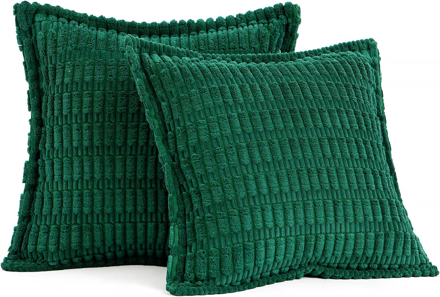 Christmas Green Corduroy Decorative Throw Pillow Covers Pack of 2 Soft Striped Pillows Pillowcases with Broad Edge Winter Modern Boho Home Decor for Couch Sofa Bed Spring 18X18 Inch