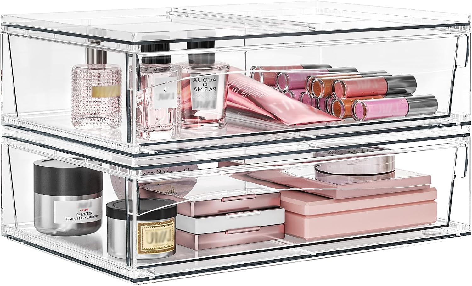 Acrylic Stackable Storage Drawers, 3.5'' Non-Slip Bathroom Makeup Organizer Countertop, Clear Drawer Organizers for Vanity, Bathroom, Office, Undersink, Kitchen, Pantry, Cabinet, 2 Pack