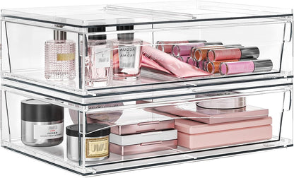 Acrylic Stackable Storage Drawers, 3.5'' Non-Slip Bathroom Makeup Organizer Countertop, Clear Drawer Organizers for Vanity, Bathroom, Office, Undersink, Kitchen, Pantry, Cabinet, 2 Pack