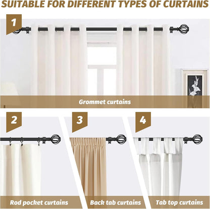 Curtain Rods for Windows 28 to 48 Inches，Black Adjustable 5/8 Inch Curtain Rod for Bedroom, Small Decorative Drapery Rods with Twisted Cage Finals