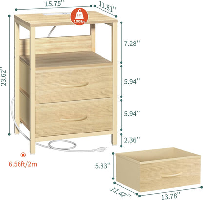 Nightstand with Charging Station, Small Night Stand with Fabric Drawers and Storage Shelf for Bedrooms, Nightstands for Small Spaces, Bedside Table with USB Ports & Outlets, Bed Side Table