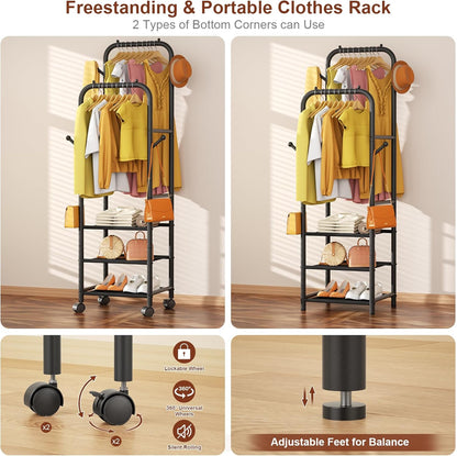 Rolling Clothing Racks for Hanging Clothes, Double Rods Clothes Rack with Wheels, Sturdy Coat Racks,Portable Metal Garment Rack for Bedroom Laundry Living Room, Black