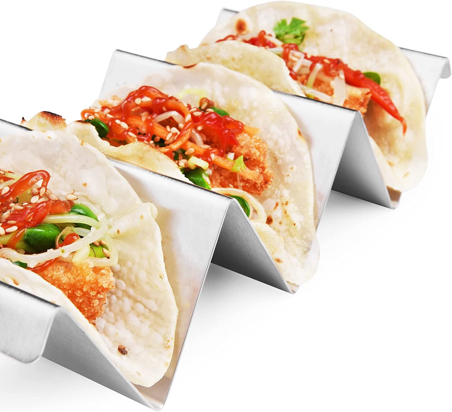 Taco Holders 4 Packs - Stainless Steel Taco Stand Rack Tray Style, Oven Safe for Baking, Dishwasher and Grill Safe