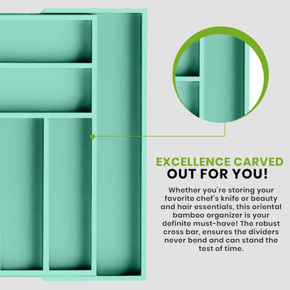 Expandable Bamboo Utensil Drawer Organizer, Silverware Organizer for Cutlery, Utensils, Flatware Holder (6-8 Slots, Mint) Pack of 1