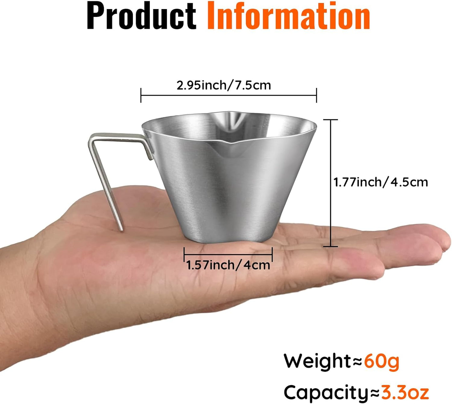 Espresso Cup with Handle, Stainless Steel Espresso Accessories, Double Spout Metal Measuring Cup with Dual Scale, Espresso Shot Pitcher with V-Shaped Mouth, 3.4OZ/100ML