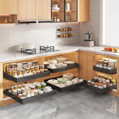 2-Pack 21" Deep Pull-Out Cabinet Organizers with Adjustable Width 12"-20.45", Enhanced Slide-Out Drawers Featuring 3 Slide Rails and Adhesive Roll-Out Shelves, Black