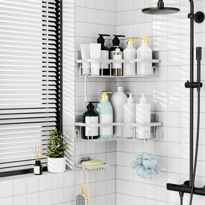 Corner Adhesive Shower Caddy, with Soap Holder and 12 Hooks, Rustproof Stainless Steel Bathroom Organizer, No Drilling Wall Mounted Rack, Black, 3-Pack(White)