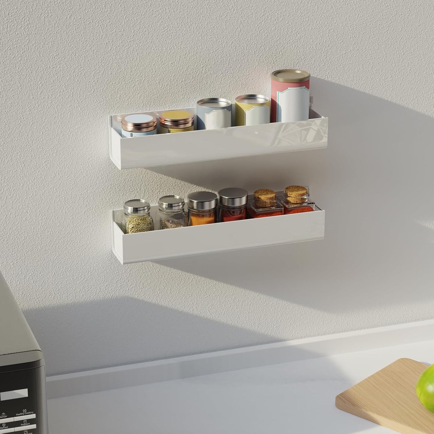 Adhesive Acrylic Spice Rack with Nano Double Sided Tape Wall Mount Organizer Wall Spice Rack with Shelf Ends for Kitchen Cabinet Door - 2 Pack 12'' Shelves (White)