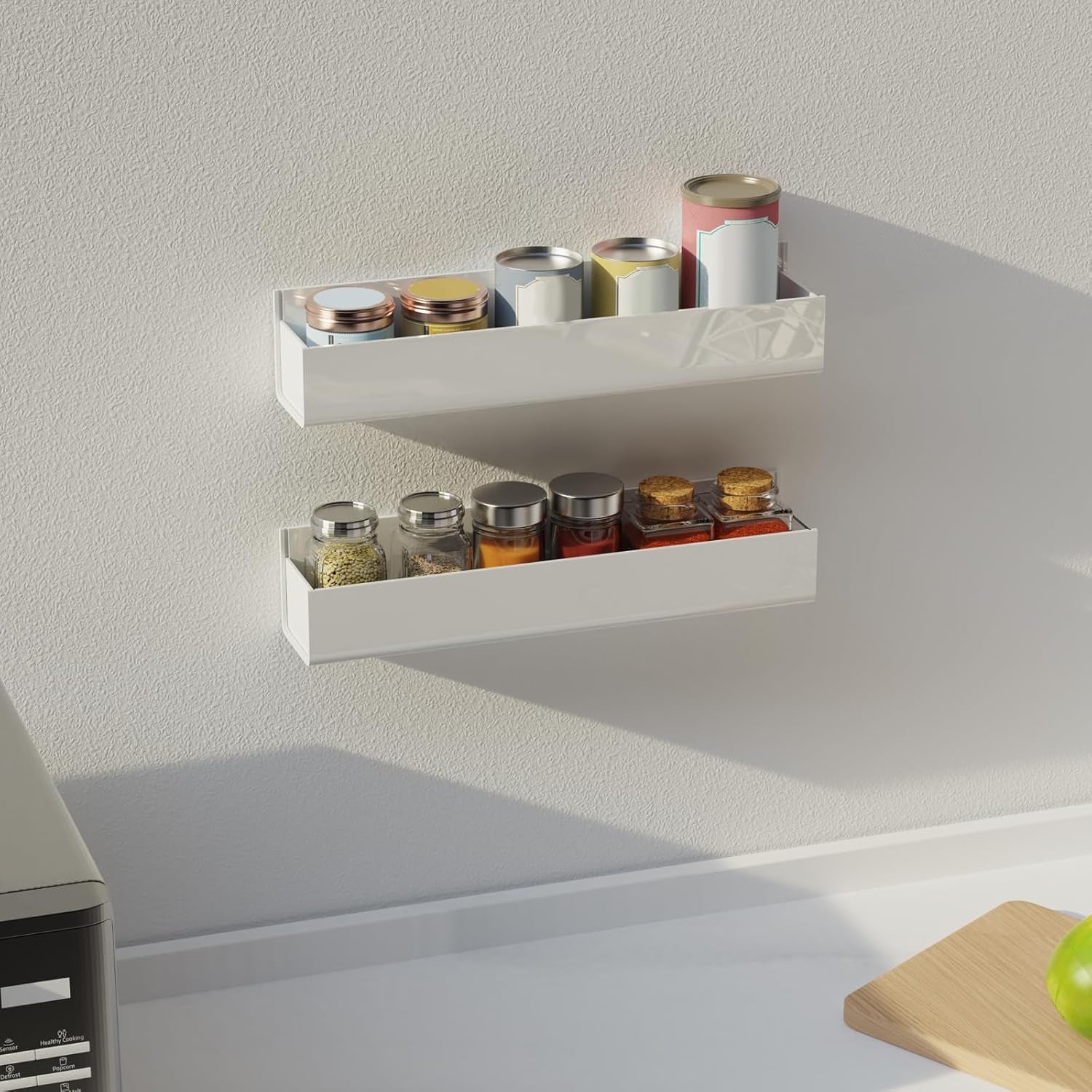 Adhesive Acrylic Spice Rack with Nano Double Sided Tape Wall Mount Organizer Wall Spice Rack with Shelf Ends for Kitchen Cabinet Door - 2 Pack 12'' Shelves (White)