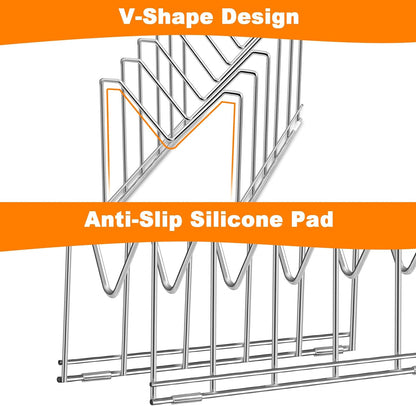 3 Pack Pot Lid Organizer for Cabinet, Stainless Steel Pot Lid Holder with Anti-Slip Silicone Mat, Lid Rack for Pans Pots, Bakeware, Plates, Cookie Sheets, Trays, Cutting Boards, Silver