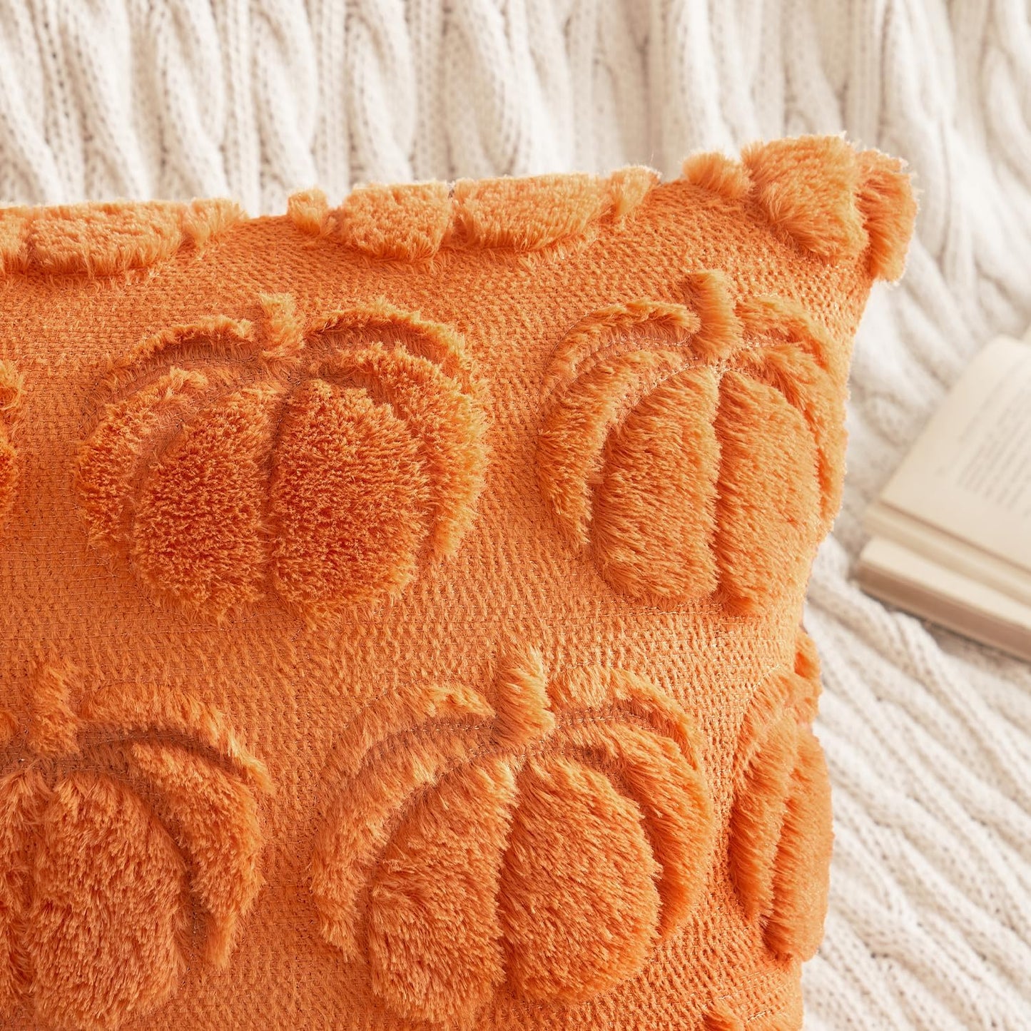 Fall Throw Pillow Covers 18X18 Set of 2 Autumn Decorations Orange Pumpkin Accent Pillowcase for Outdoor Porch Sofa Couch Bed Living Room Plush Faux Fur Halloween Farmhouse Home Decor