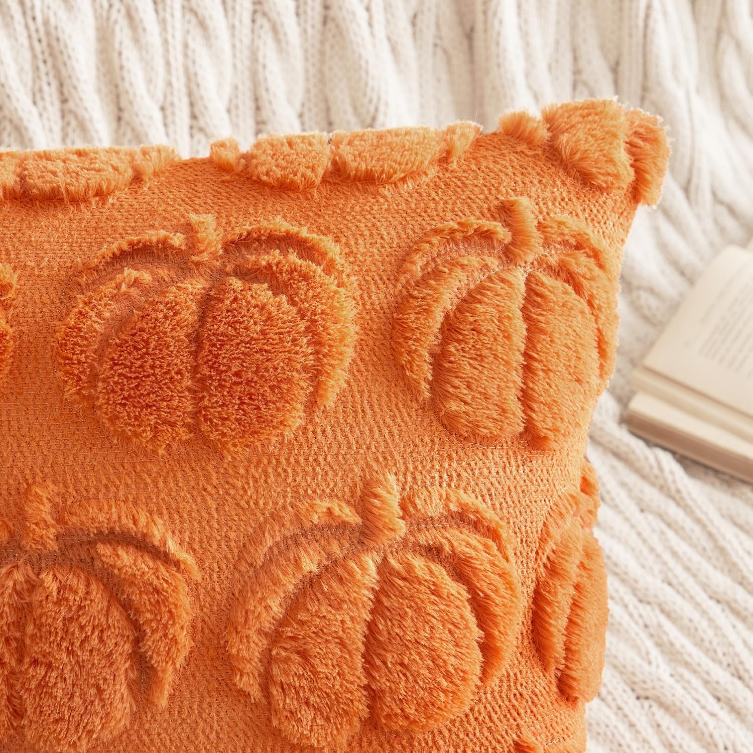 Fall Throw Pillow Covers 18X18 Set of 2 Autumn Decorations Orange Pumpkin Accent Pillowcase for Outdoor Porch Sofa Couch Bed Living Room Plush Faux Fur Halloween Farmhouse Home Decor