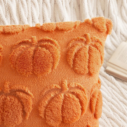 Fall Throw Pillow Covers 18X18 Set of 2 Autumn Decorations Orange Pumpkin Accent Pillowcase for Outdoor Porch Sofa Couch Bed Living Room Plush Faux Fur Halloween Farmhouse Home Decor