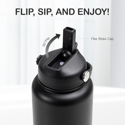 32 Oz Stainless Steel Insulated Water Bottle with Leak-Proof Flip Straw and Handle - Reusable Wide Mouth Design for Travel, Gym, and School (Carbon Black)