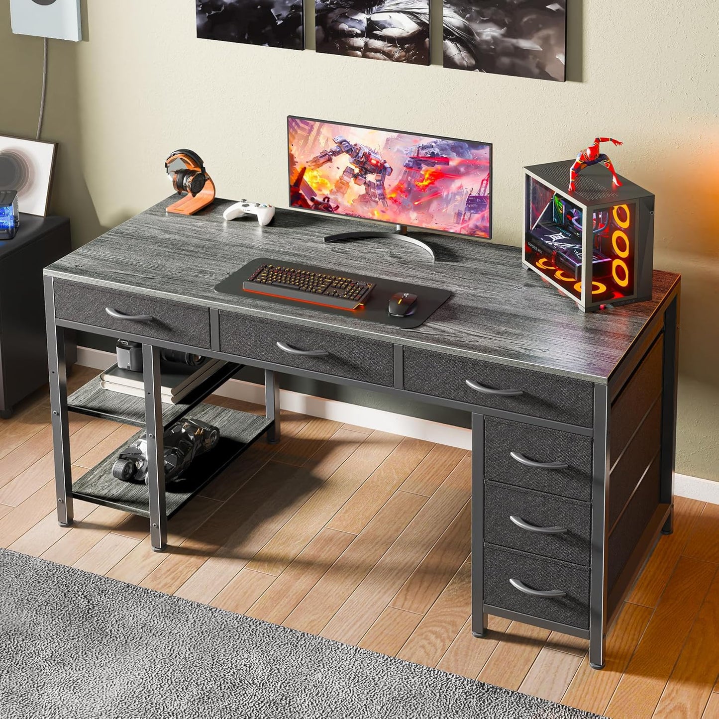 47-Inch Computer Desk with 6 Drawers and Shelves, Reversible Gaming and Corner Desk with Storage for Home Office and Living Room, Gray