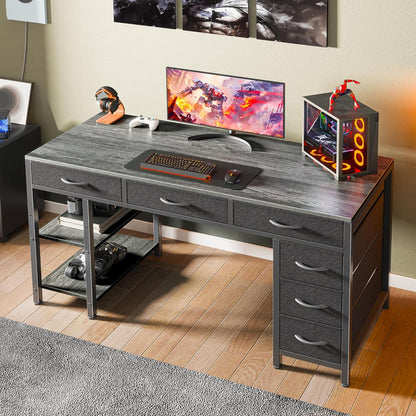 47-Inch Computer Desk with 6 Drawers and Shelves, Reversible Gaming and Corner Desk with Storage for Home Office and Living Room, Gray