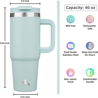 40 Oz Tumbler with Handle and 2 Straws,2 in 1 Lid Insulated Water Bottle Stainless Steel Travel Coffee Mug,Blue Haze