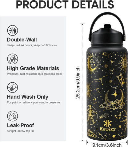 32 Oz Insulated Stainless Steel Water Bottle with Flip Straw and Handle, Leak Proof, Reusable, Wide Mouth Design - Golden Sparkle for Travel, Gym, and School