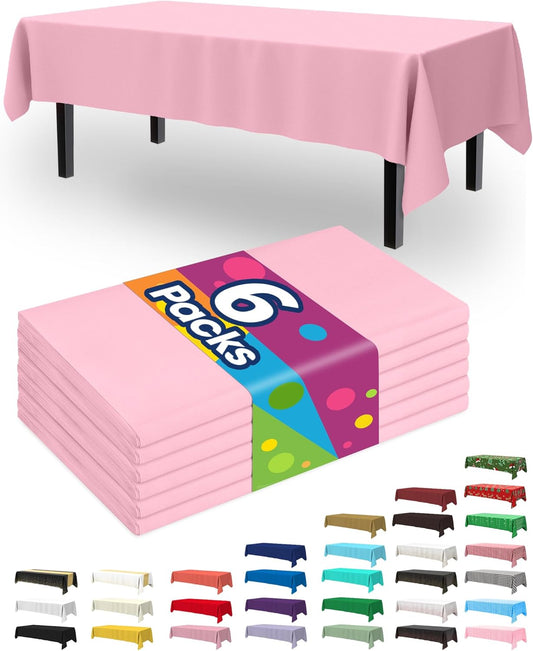 Plastic Table Cloth Disposable 6 Pack, 54 X 108 Inch Table Cloths, Easter Party, Valentines, Mothers Day Decorations, Tablecloths, Rectangle, Pastel Plastic Cover, Waterproof, Pink