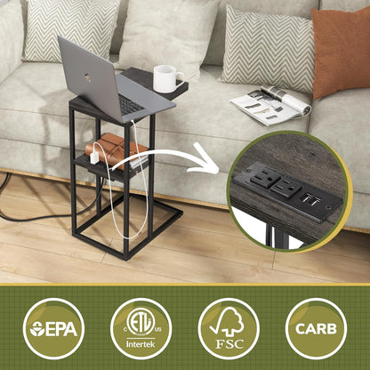C Shaped End Table with Charging Station for Living Room, Bedroom, Sofa Table with USB Ports and Outlets for Small Spaces, C Couch Rustic Snack Bed Table, Charcoal Gray