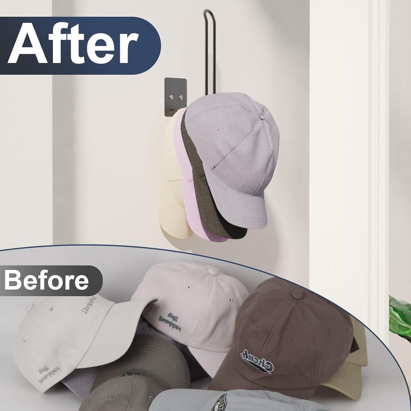 4 Pack Hat Racks - Baseball Cap Hat Holder, Organizer - Strong Adhesive/Wall Drilled for Door, Bedroom, Closet (Black)