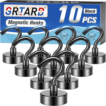 10Pack Black Magnetic Hooks Heavy Duty, Neodymium Magnet Hooks for Cruise, Strong Magnetic Hooks for Hanging, Magnets with Hooks for Home, Kitchen, Workplace, Office -25LBS