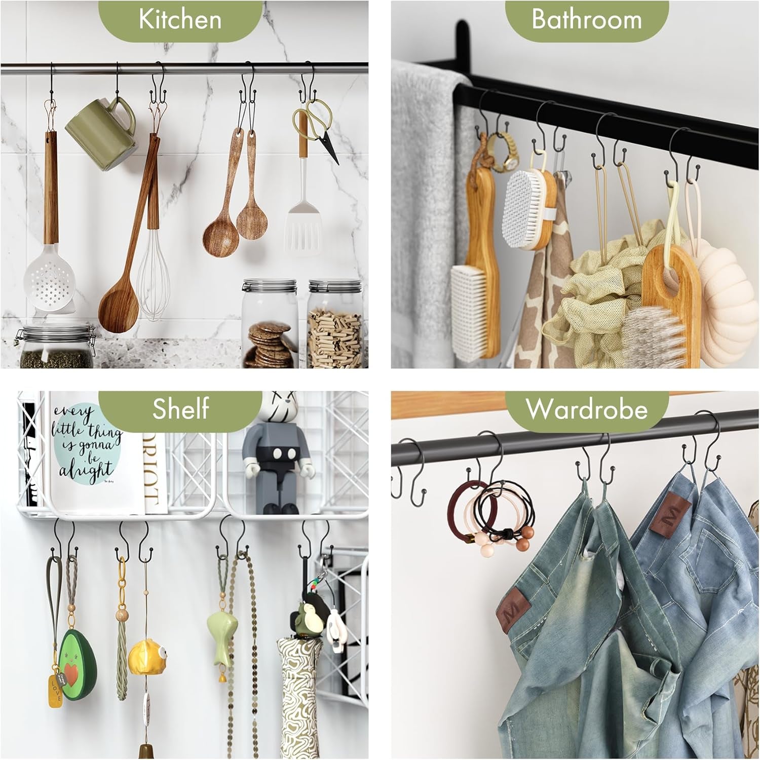 Shower Curtain Hooks Black Shower Curtain Rings, Simple Double Hook Shower Curtain Hooks Rust Proof, Smooth Sturdy Metal Shower Hooks for Shower Curtain Rod, 12 Pcs Shower Rod Hooks