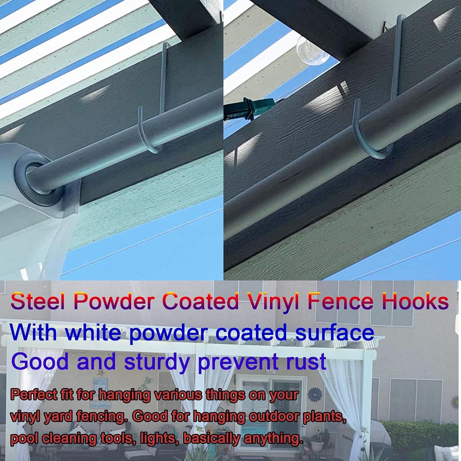12-Pack Vinyl Fence Hangers - 2 x 6 Inch Patio Light Hooks, White Powder Coated Steel for Hanging Plants, Planters, Bird Feeders, and Lights