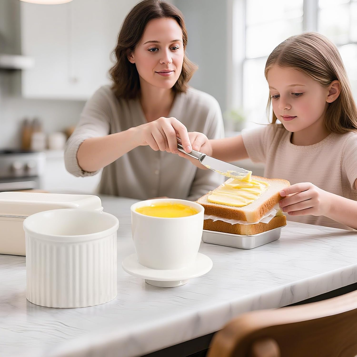 Large Butter Crock for Counter with Water Line, Butter Keeper, Ceramic French Butter Dish Holder for Fresh Spreadable Soft Butter (White, 8 Ounce)