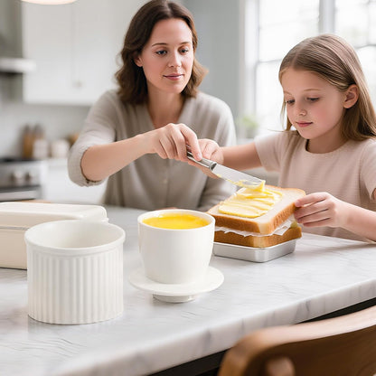Large Butter Crock for Counter with Water Line, Butter Keeper, Ceramic French Butter Dish Holder for Fresh Spreadable Soft Butter (White, 8 Ounce)