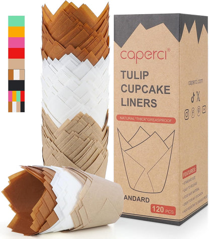 Standard Tulip Cupcake Liners - 120 Count Greaseproof Muffin Baking Cups for Weddings, Birthdays, Baby Showers, Festivals, and Christmas (Natural/White/Brown)
