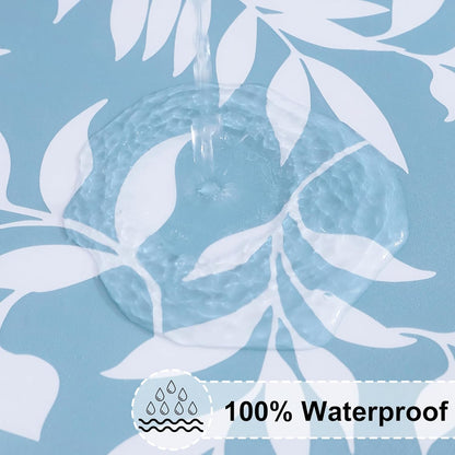 round Fitted Tablecloth with Elastic Edge, 100% Waterproof Oil Proof Plastic Table Cover, Vinyl Flannel Backed Tablecloth Fits 36"-44" round Tables for Dinner, Outdoor, Picnic, Blue Leaves