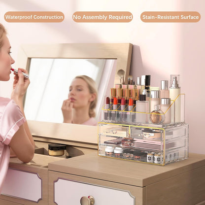 2Pc 4-Drawer Makeup Organizer Countertop Cosmetic Storage for Vanity | Bathroom | Skincare | Perfume Storage, Casual Pairing No Assembly, Ideal Gift for Women, Clear with Luxe Gold Trim