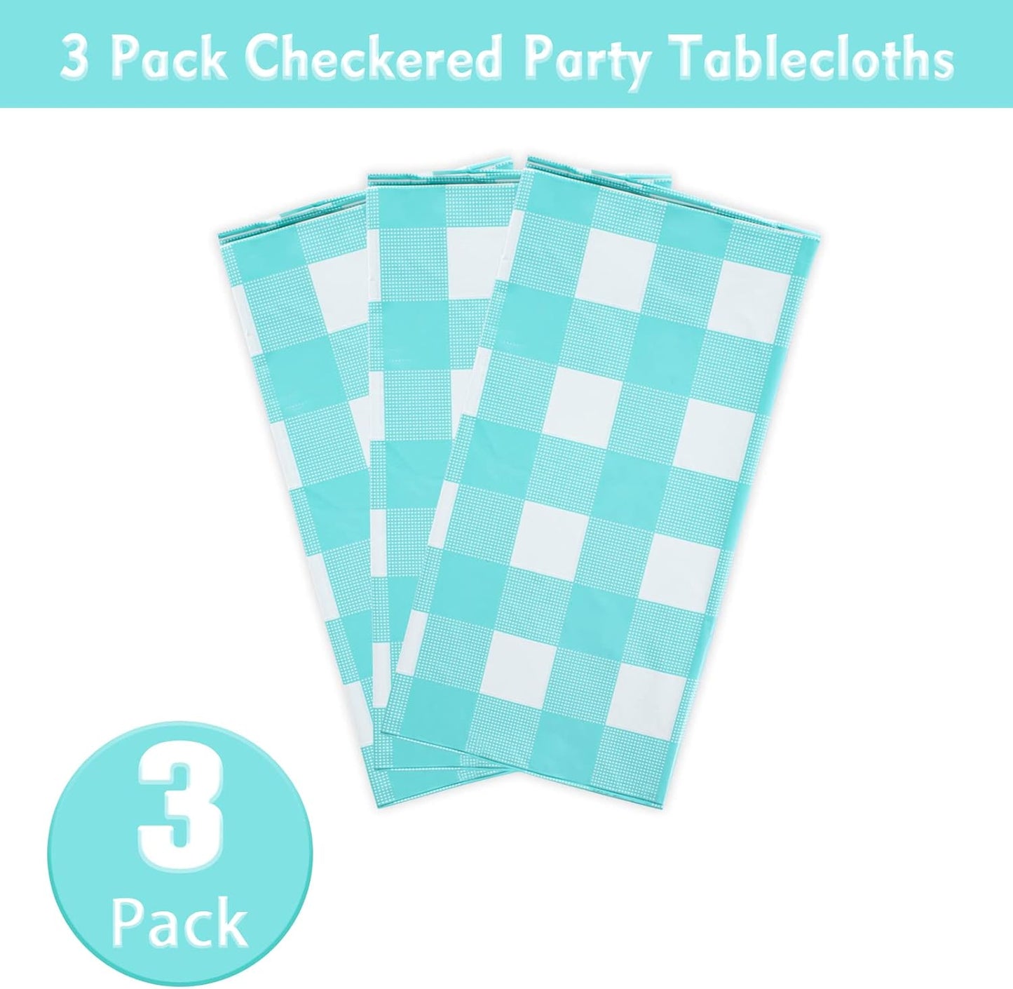3 Packs Aqua and White Checkered Tablecloths 54 X 108 Inches Disposable Plastic Gingham Tablecovers Waterproof Rectangle Picnic Party Table Covers for Birthday Party Supplies Christmas