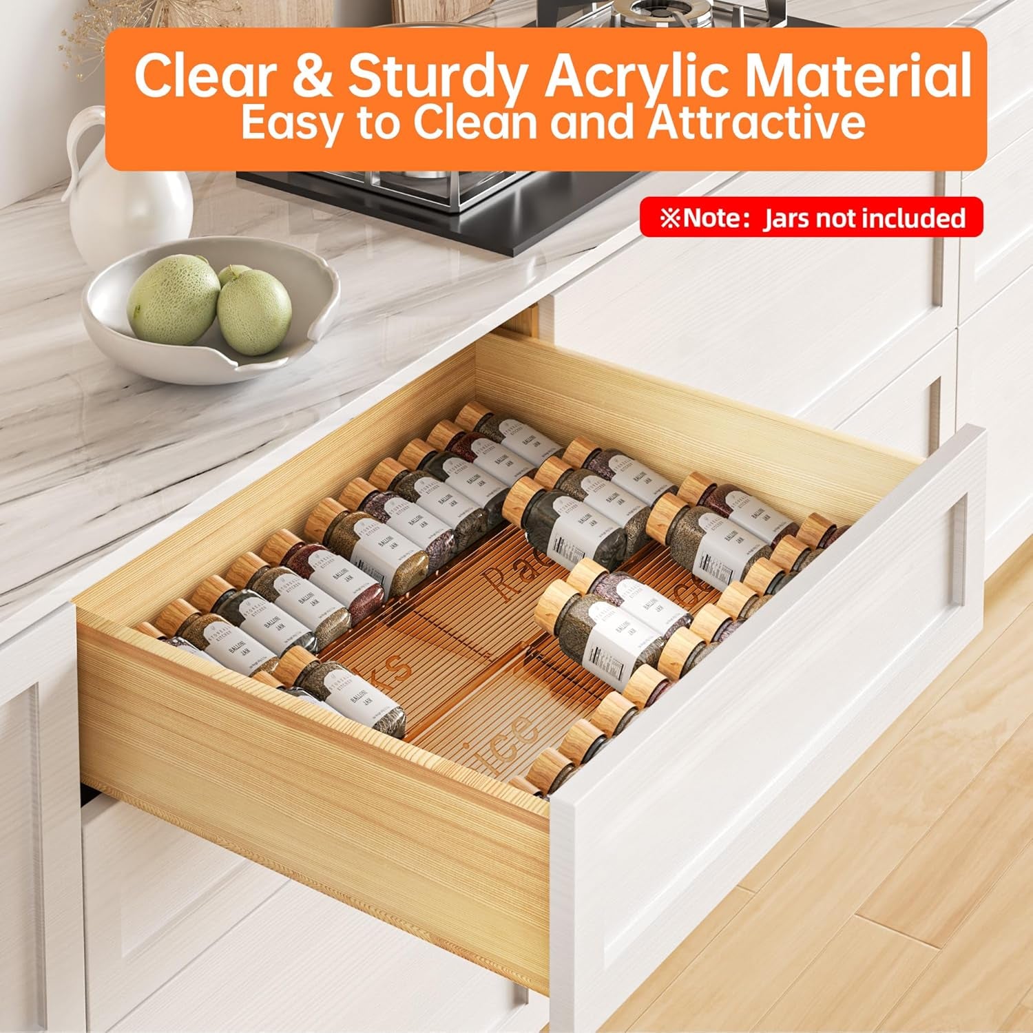 Spice Drawer Organizer, 4 Tier- 4 Pack Amber Acrylic Drawer Seasoning Organizer, Expandable from 11'' to 22'' Kitchen Spice Rack Organizers and Storage for Drawer (Jars Not Included)