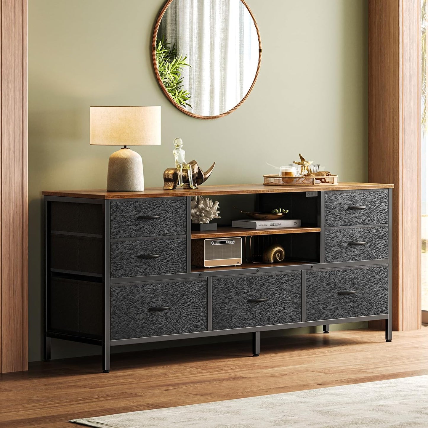 Rustic Brown and Black TV Stand Dresser with Power Outlets, LED Lighting, and 7 Drawers - 47 Inch Console