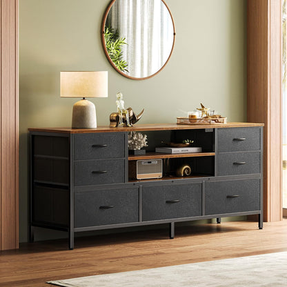 Rustic Brown and Black TV Stand Dresser with Power Outlets, LED Lighting, and 7 Drawers - 47 Inch Console