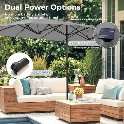 13-Foot Double-Sided Outdoor Patio Umbrella with Solar Lighting, Fade-Resistant Canopy, 12 Durable Ribs, for Deck, Pool, Porch, and Market Use