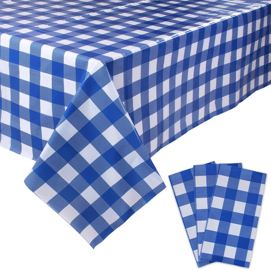 3 Packs White and Blue Gingham Table Cloths 54 X 108 Inches Disposable Plastic Checkered Tablecloths Waterproof Rectangle Picnic Party Tablecovers for Birthday Party Dining Table Kitchens