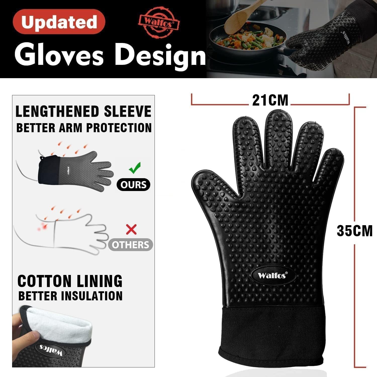 Silicone BBQ Gloves - Heat Resistant Grilling Gloves, Premium Non-Slip Kitchen Silicone Oven Mitt with Protective Cotton Layer Inside, Waterproof, Great for Grilling, Kitchen and Cooking, Black