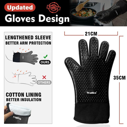 Silicone BBQ Gloves - Heat Resistant Grilling Gloves, Premium Non-Slip Kitchen Silicone Oven Mitt with Protective Cotton Layer Inside, Waterproof, Great for Grilling, Kitchen and Cooking, Black