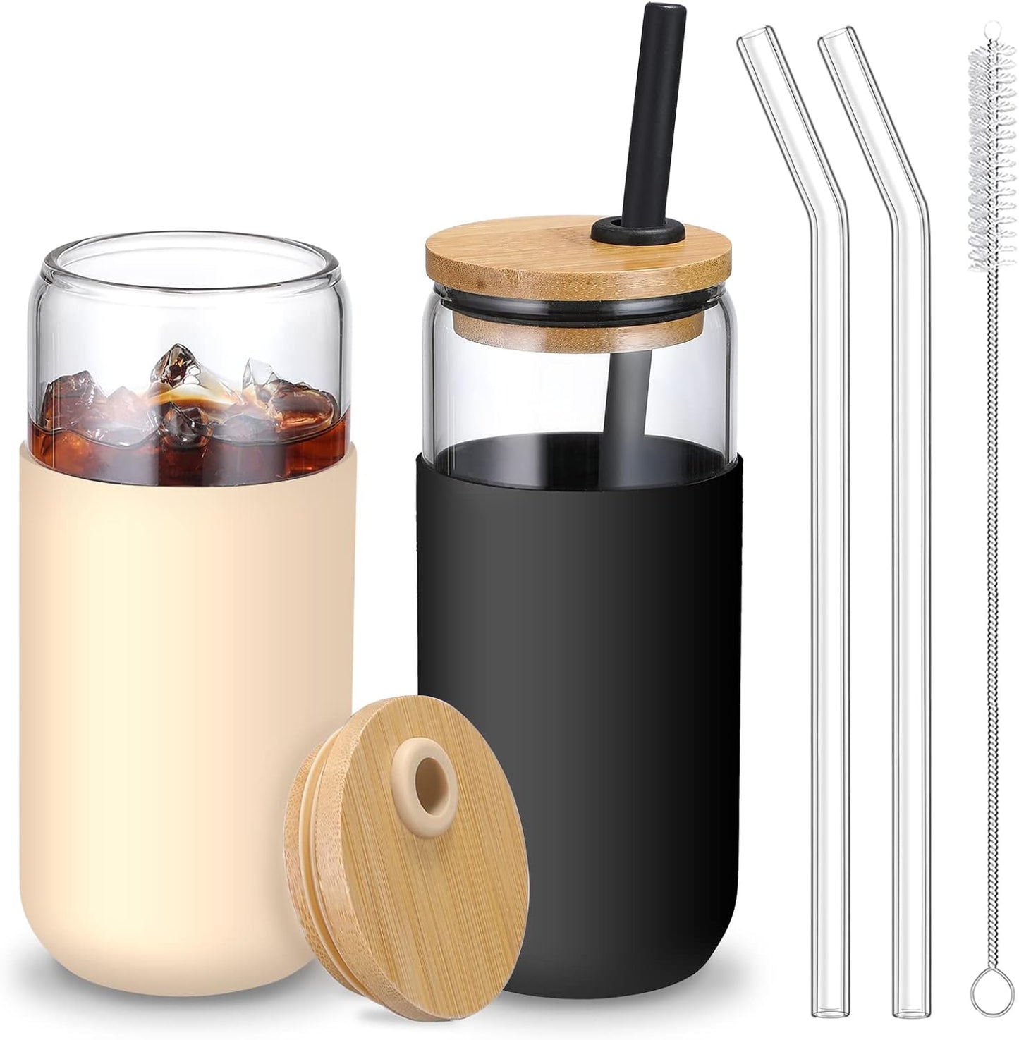 20 OZ Glass Cups with Bamboo Lids and Straws - Beer Can Drinking Glasses with Silicone Protective Sleeve Set, Iced Coffee Glasses, Cute Tumbler Cup for Water, Smoothie, Boba Tea, Gift, 2 Colors