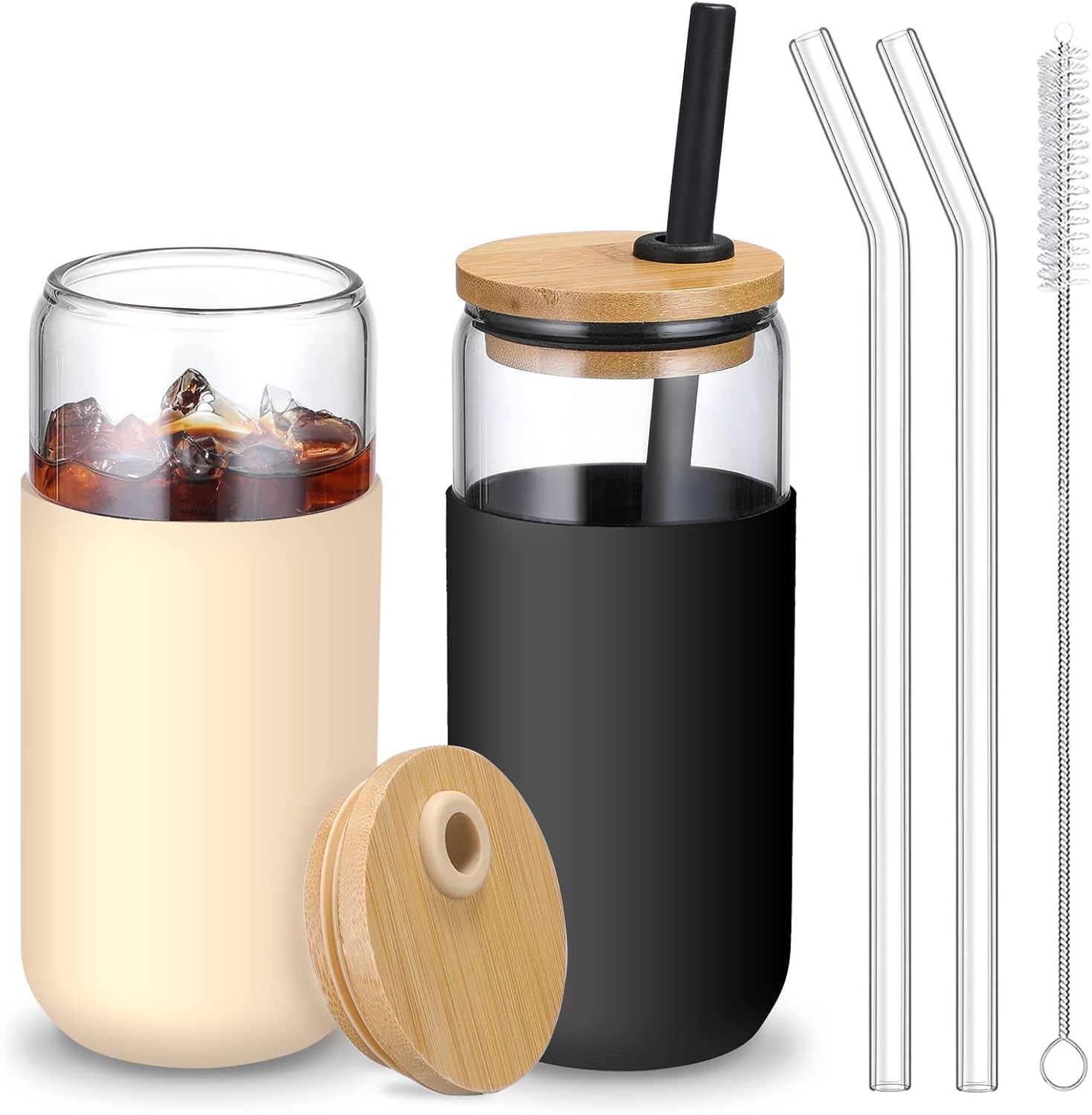 20 OZ Glass Cups with Bamboo Lids and Straws - Beer Can Drinking Glasses with Silicone Protective Sleeve Set, Iced Coffee Glasses, Cute Tumbler Cup for Water, Smoothie, Boba Tea, Gift, 2 Colors