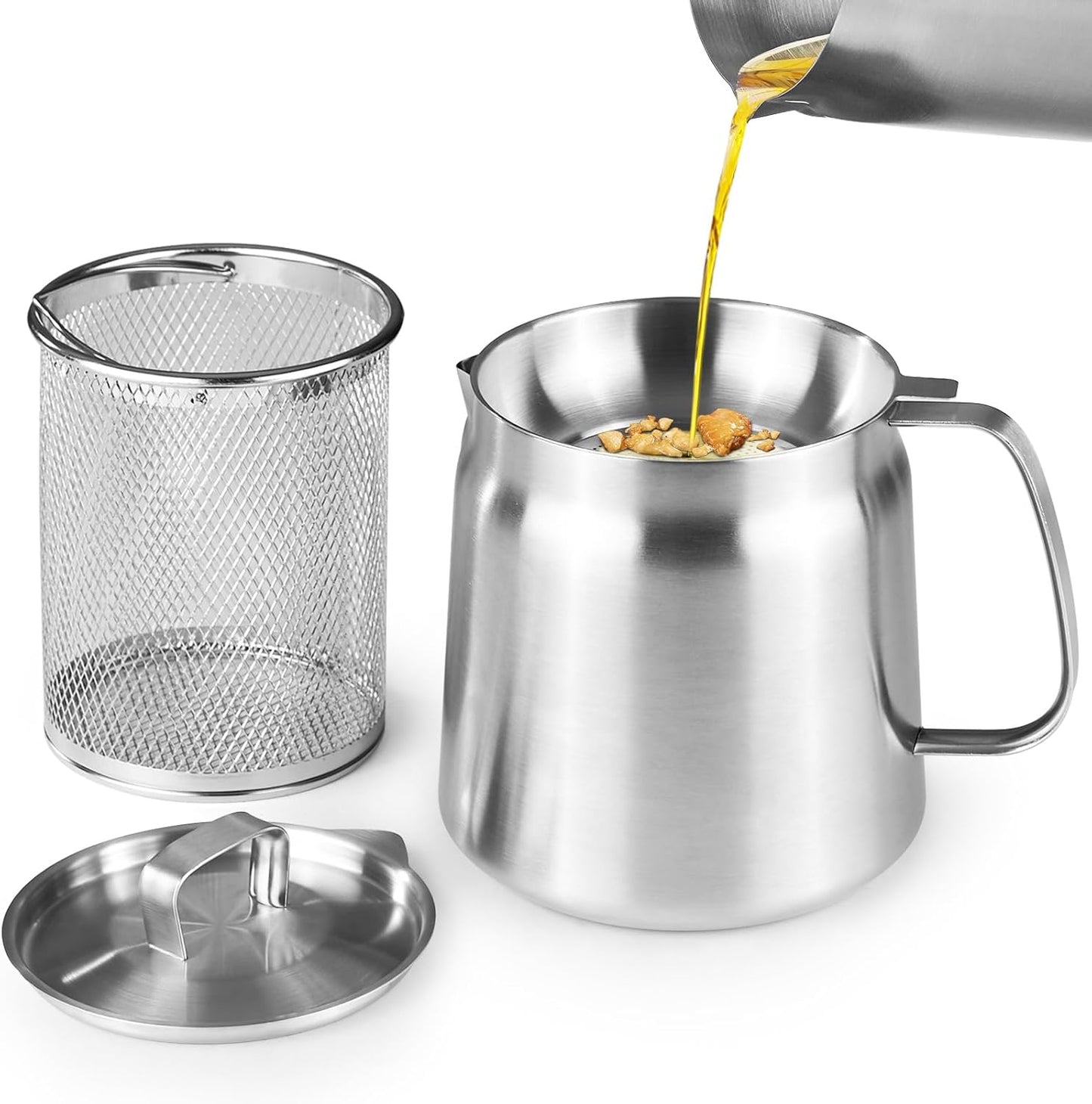 68Oz/2L 304 Stainless Steel Oil Container, Cooking Oil Filter Pot with Mesh Strainer, Grease Container with Lid for Kitchen, Dishwasher Safe
