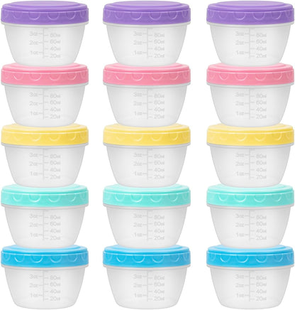 Small Food Containers with Lids for Baby Toddler 4 Oz, 15 Pack Easy Open Ultra Thick Reusable Plastic Freezer Kids Food Storage Box for Snack Lunch Daycare School, Measuring, Dishwasher Safe, BPA Free