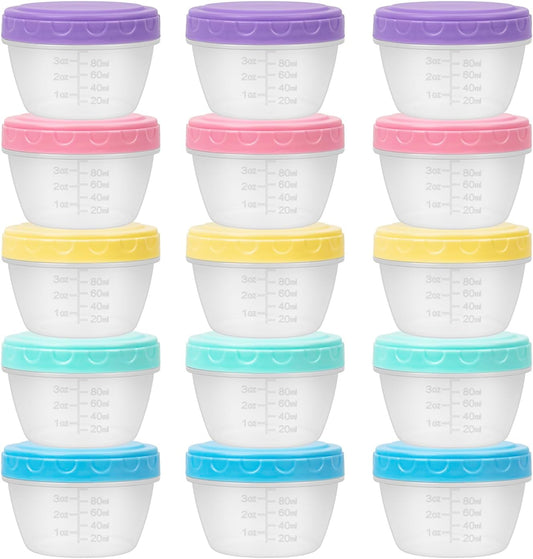 Small Food Containers with Lids for Baby Toddler 4 Oz, 15 Pack Easy Open Ultra Thick Reusable Plastic Freezer Kids Food Storage Box for Snack Lunch Daycare School, Measuring, Dishwasher Safe, BPA Free