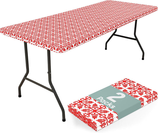 2 Pack 6 Foot Rectangle Picnic Tablecloth, Elastic Fitted Waterproof Table Cover, Windproof Washable Polyester Table Cloth for Camping, Indoor and Outdoor (Red, 30" X 72")