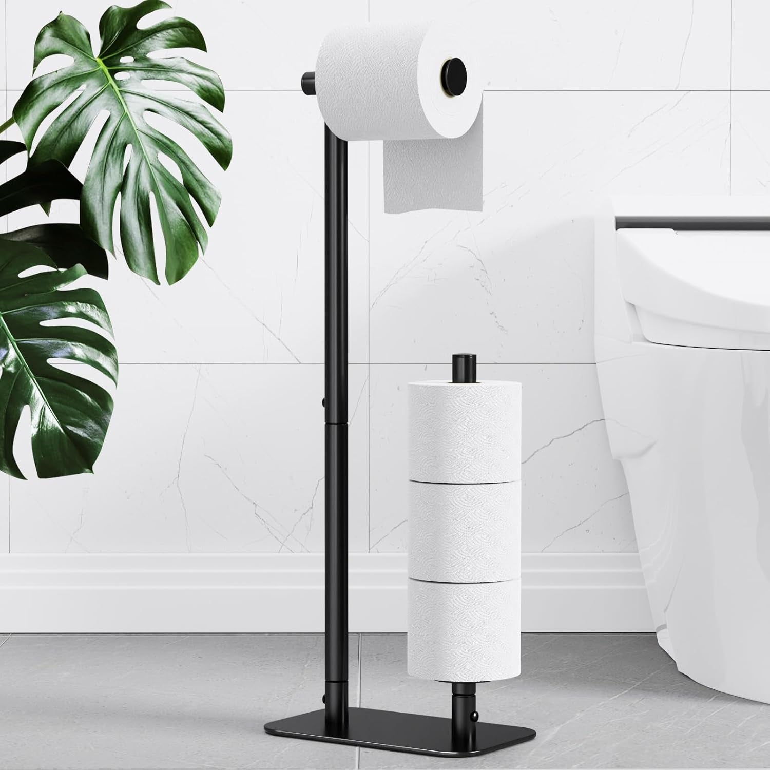 Toilet Paper Holder Free Standing - Large Capacity Toilet Paper Holder for 4 Rolls, Rustproof Toilet Paper Stand with Non-Slip Stable Base, Black, 24.4"X9.3"X5.5"
