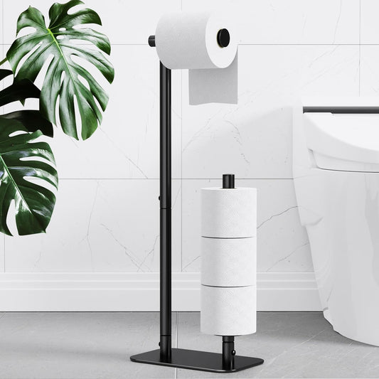 Toilet Paper Holder Free Standing - Large Capacity Toilet Paper Holder for 4 Rolls, Rustproof Toilet Paper Stand with Non-Slip Stable Base, Black, 24.4"X9.3"X5.5"